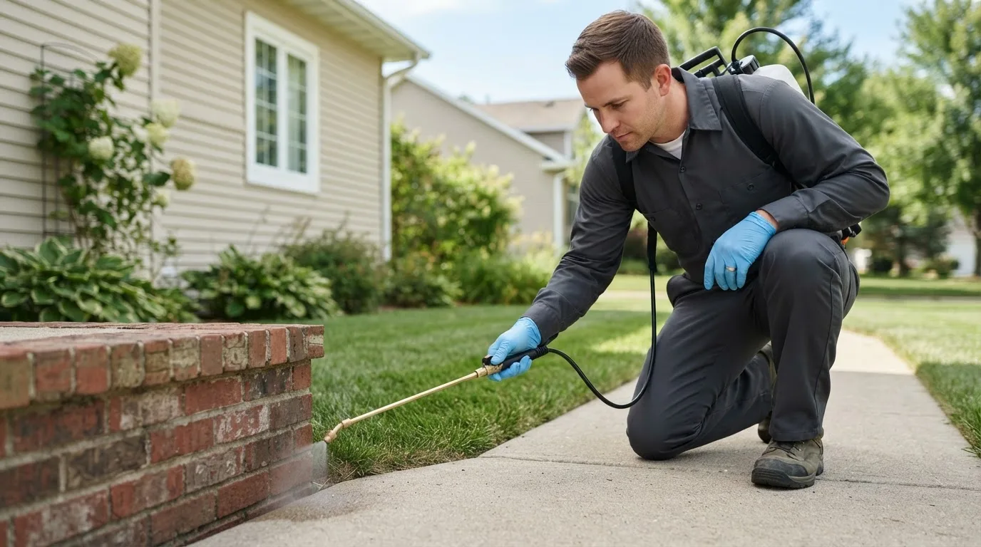 Pest control technician treating a home near El Paso, IL